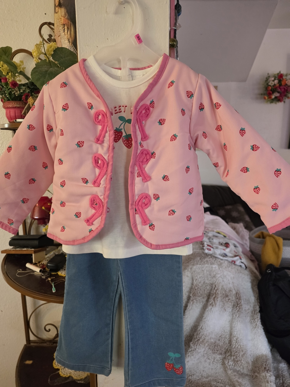 Little Lass Pink Strawberry-Print Quilted Puffer Jacket
